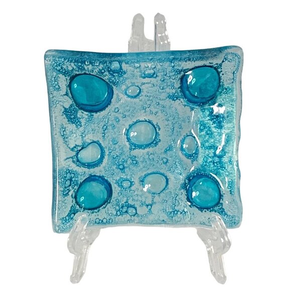 Stunning Bill and Lyndall Bestic (NZ) Blue Handcrafted Square Glass Trinket Dish - Picture 1 of 7